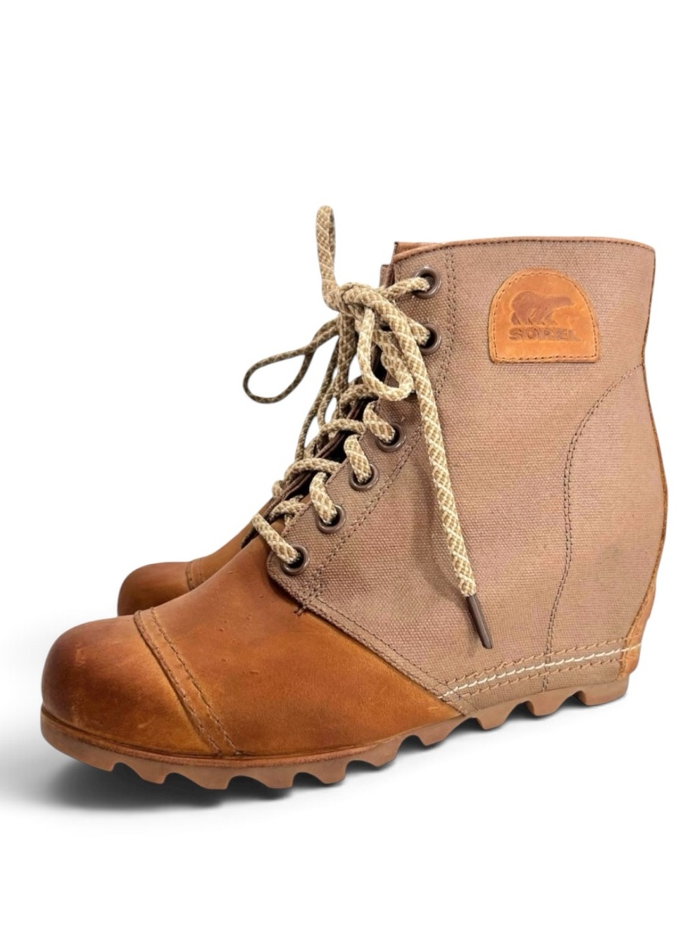 Sorel PDX Comfort Tan Leather
Waxed Canvas Waterproof Wedge Booties